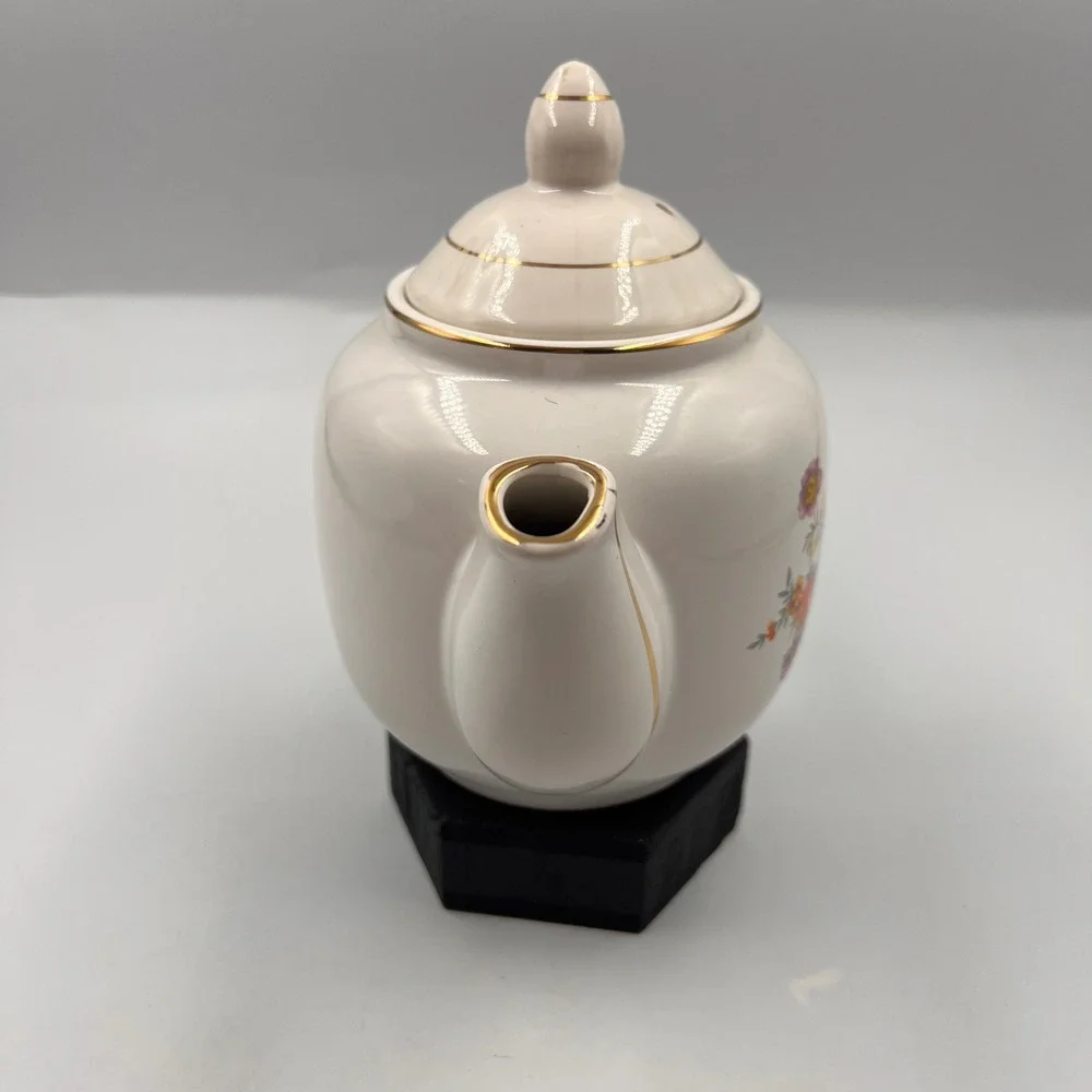 Vtg Porcelain Floral Teapot Gold Trim White Ceramic Tea Pot Multi-Color Flower